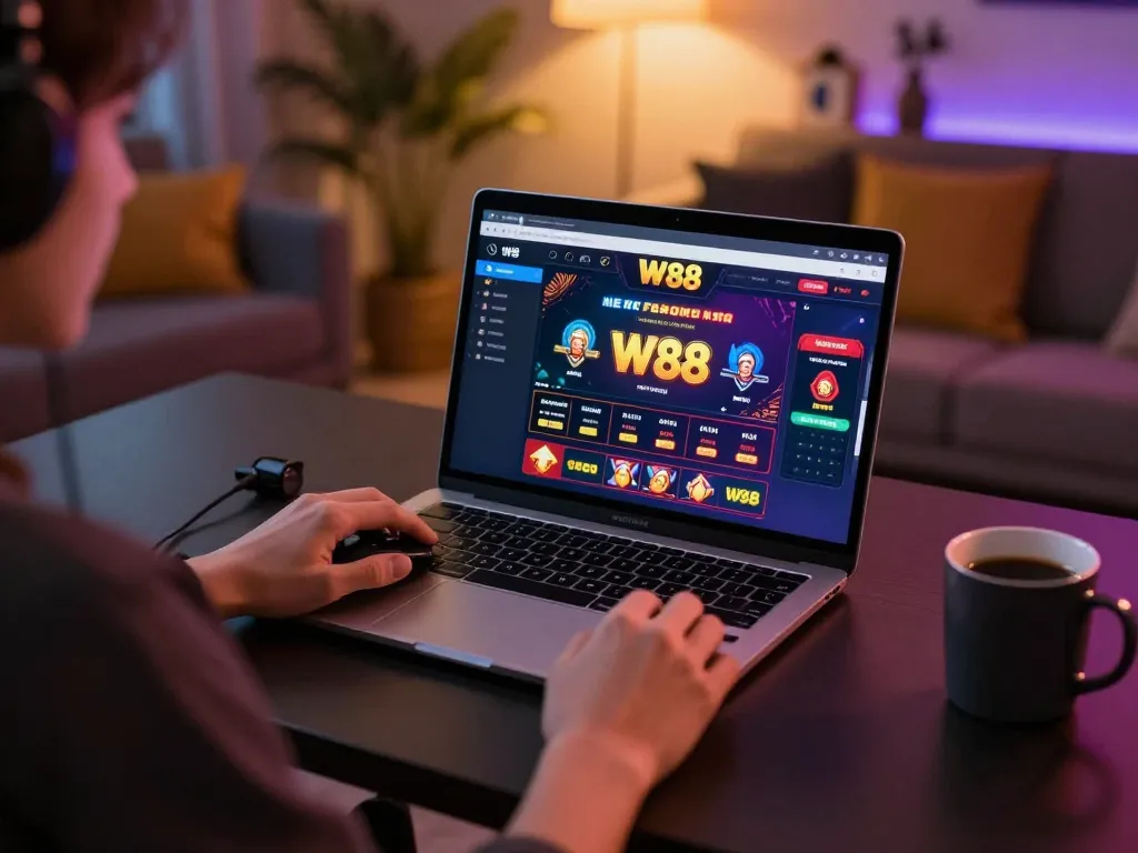 Engaging player interacts with W88 online casino on laptop, highlighting strategic gameplay