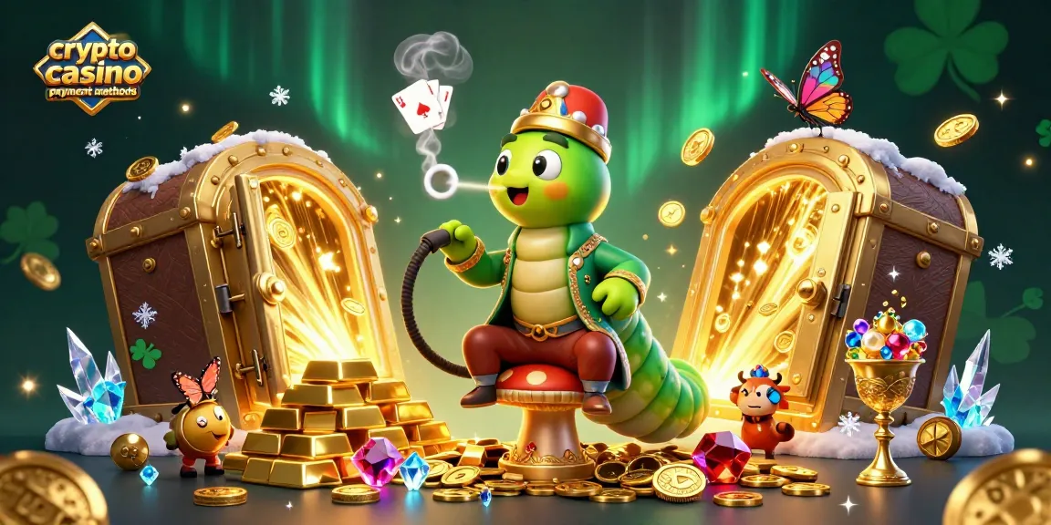 Engage with crypto casino payment methods through vibrant 3D illustration featuring a magical caterpillar and treasure elements.