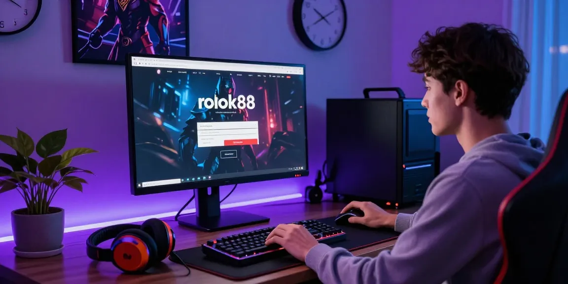User focused on rokok88 login screen at home office desk with gaming setup.