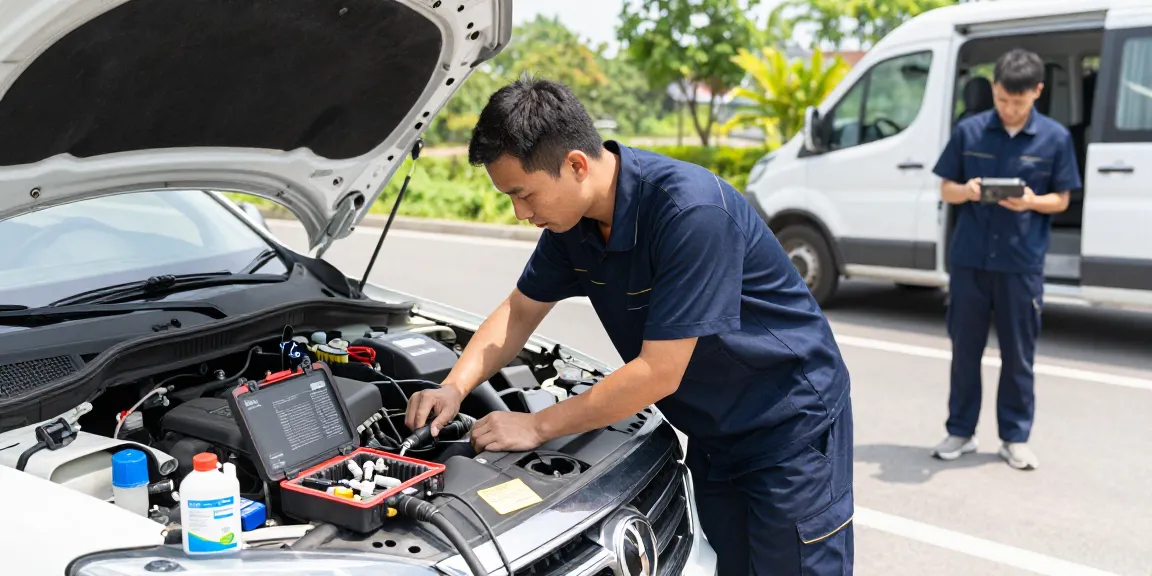 Technician servicing a diesel car with Adblue in fuel tank during a roadside recovery.