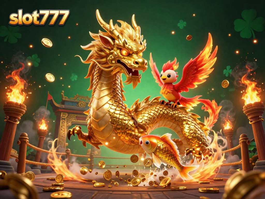 Experience the thrill of slot777 with a dynamic casino scene featuring a golden dragon, phoenix, and koi fish.