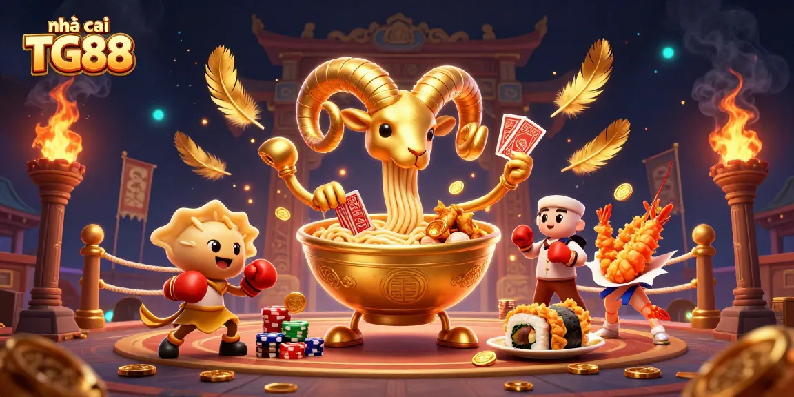 Engage with the best at nhà cái TG88, featuring a golden ramen bowl character dealing cards surrounded by dynamic casino elements.