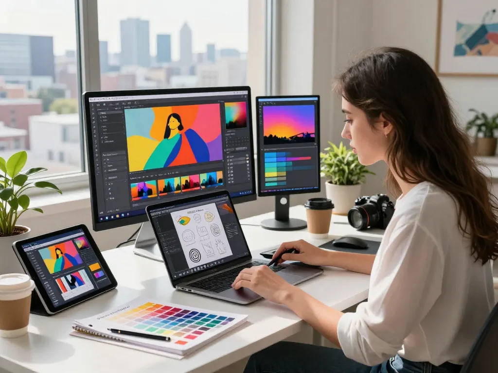 Young artist using Nano Banana 2 AI image editor in a creative workspace filled with art supplies.