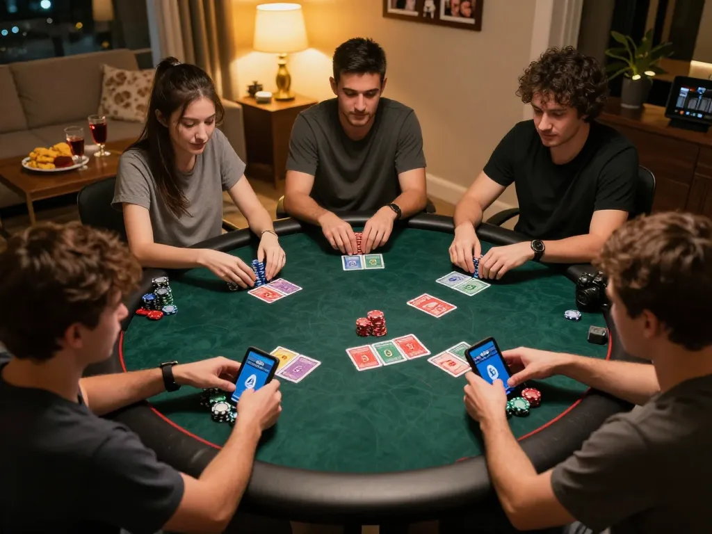 The hidden wiki status connecting online poker players as they strategize their gameplay in a cozy home setting.