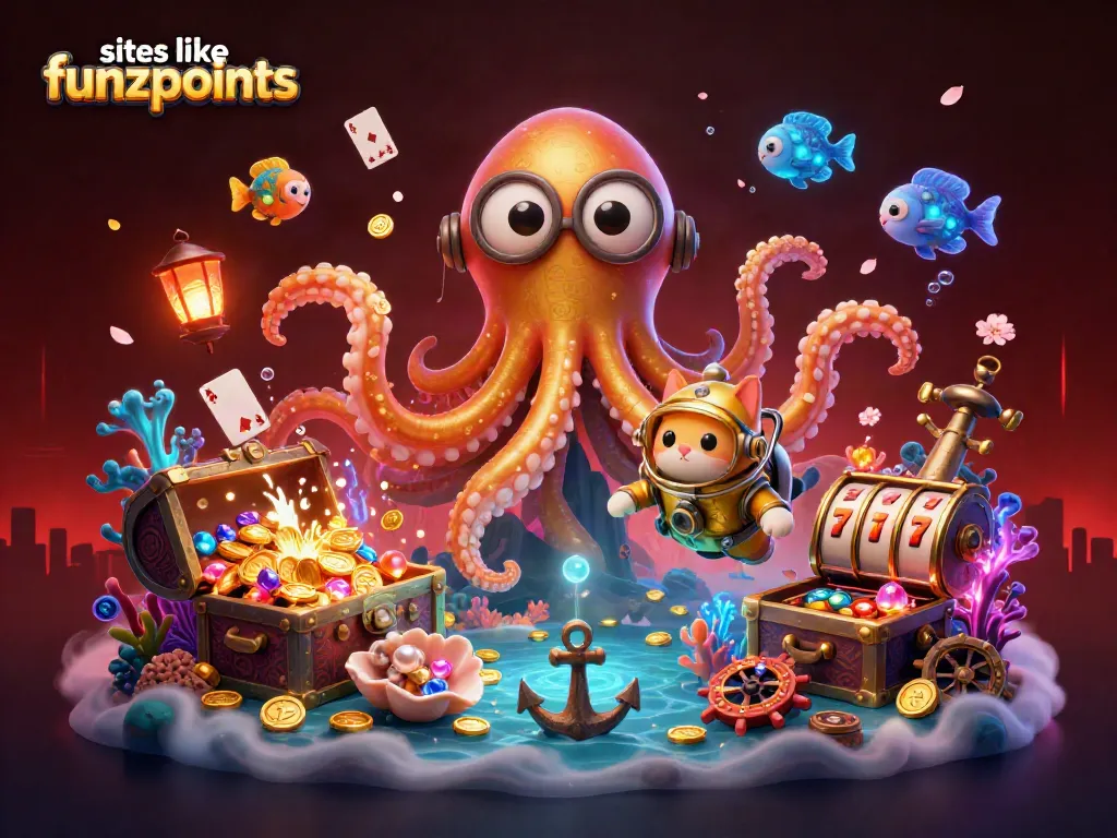 Experience thrilling gaming with sites like funzpoints in a vibrant, treasure-filled underwater scene.
