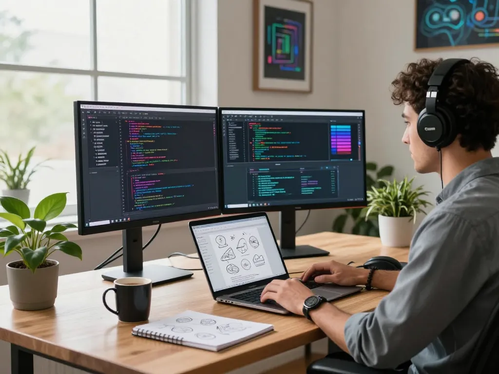 Whynotvibe innovative workspace with developer coding at dual monitors and design tools