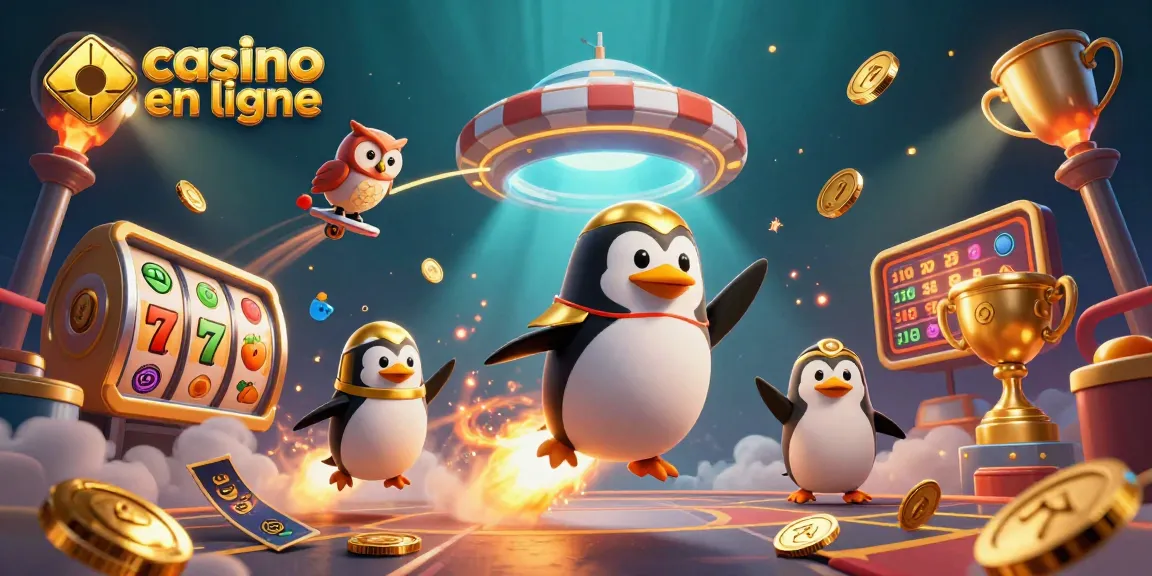 Des jeux de casino en ligne avec un pingouin doré s'élançant vers une station spatiale en forme de jeton de poker.