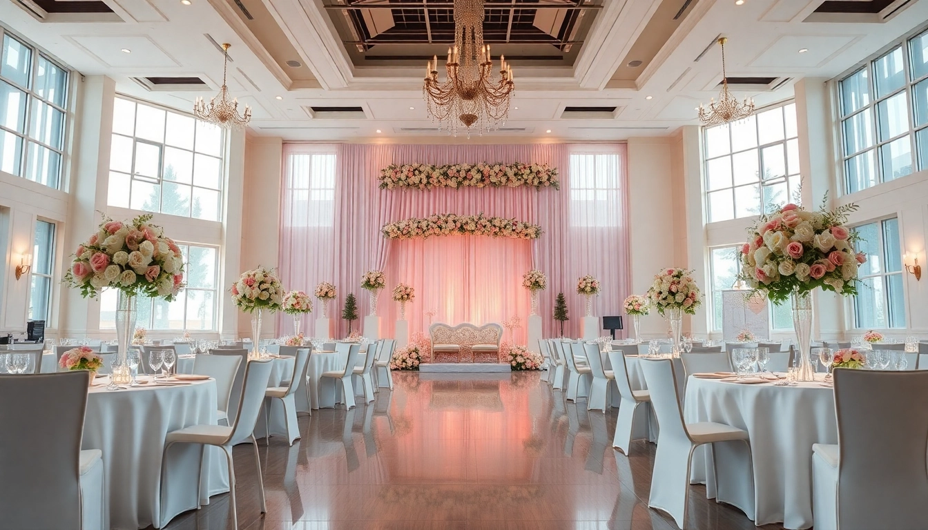 Elegantly decorated hochzeitssaal for a wedding banquet with floral arrangements.