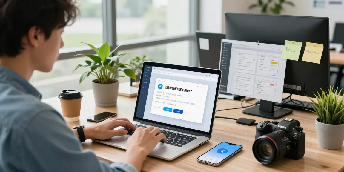 Setting up Telegram中文 on devices in a modern tech workspace