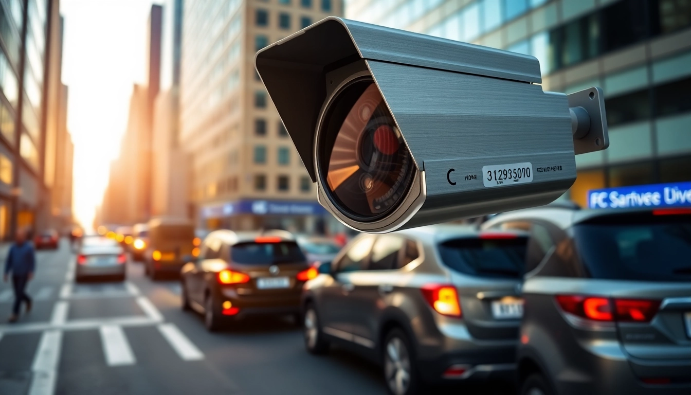 Capture action with a license plate recognition camera monitoring urban vehicles.