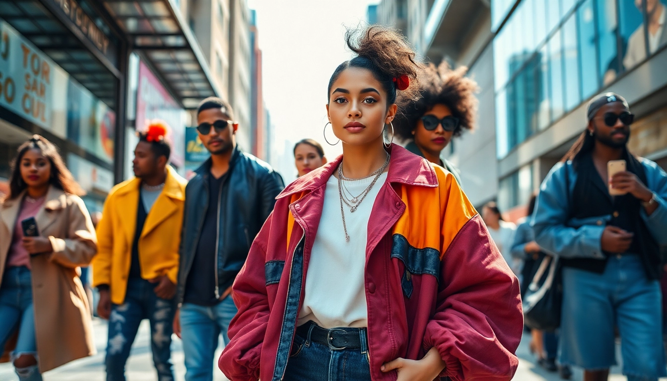 Fashion-forward individuals in a vibrant urban setting showcasing contemporary styles.