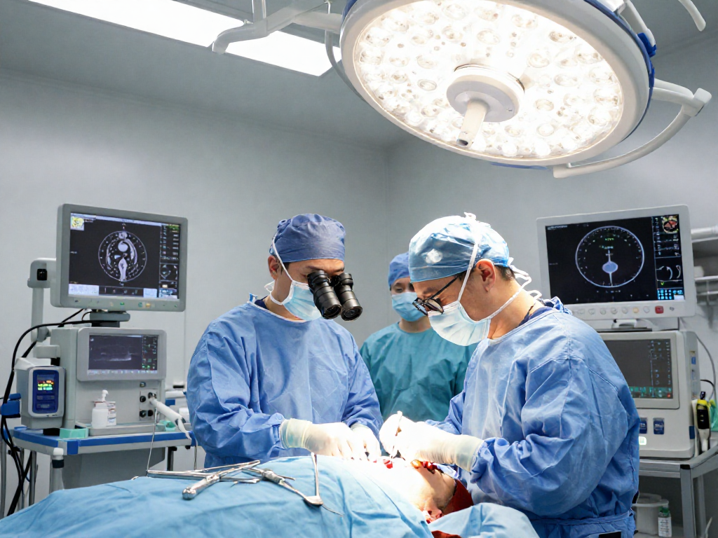 During a beyin tümörü ameliyatı, a neurosurgeon performs surgery with advanced equipment, showcasing a critical medical procedure.