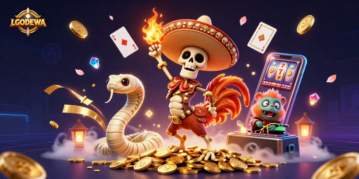 Celebrate big wins with LGODEWA as a 3D cartoon mariachi rooster dances on golden coins amidst vibrant casino elements.