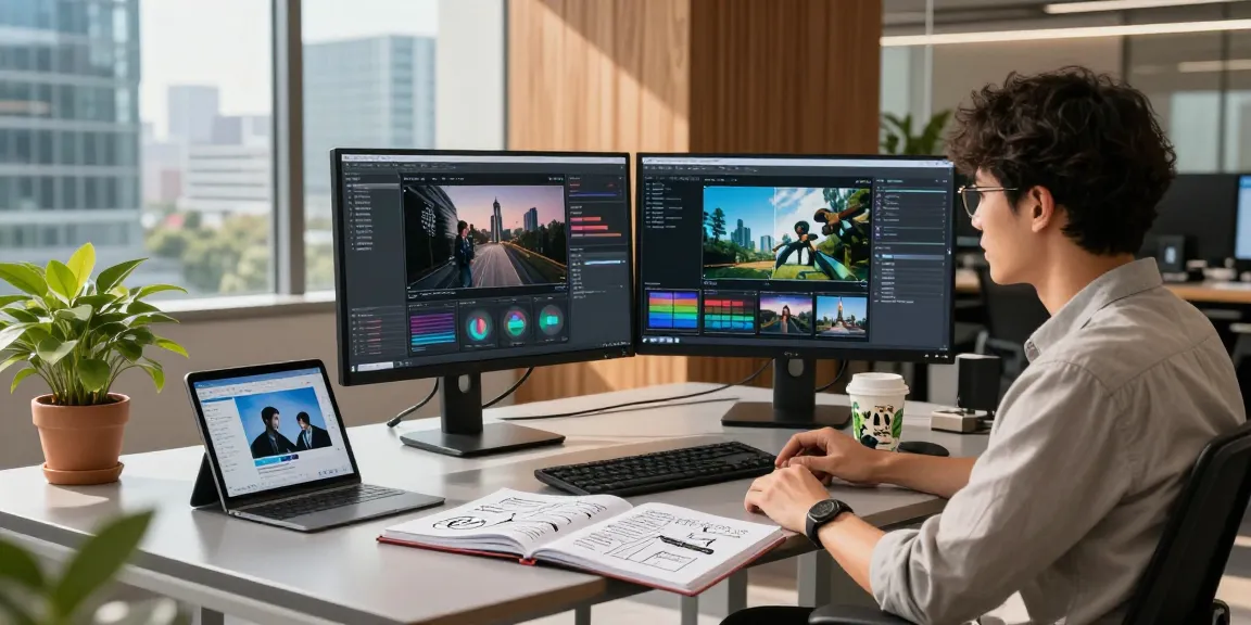 AI researcher using a free ai detector in a modern digital workspace with dual monitors, innovative tech gadgets, and ambient lighting.