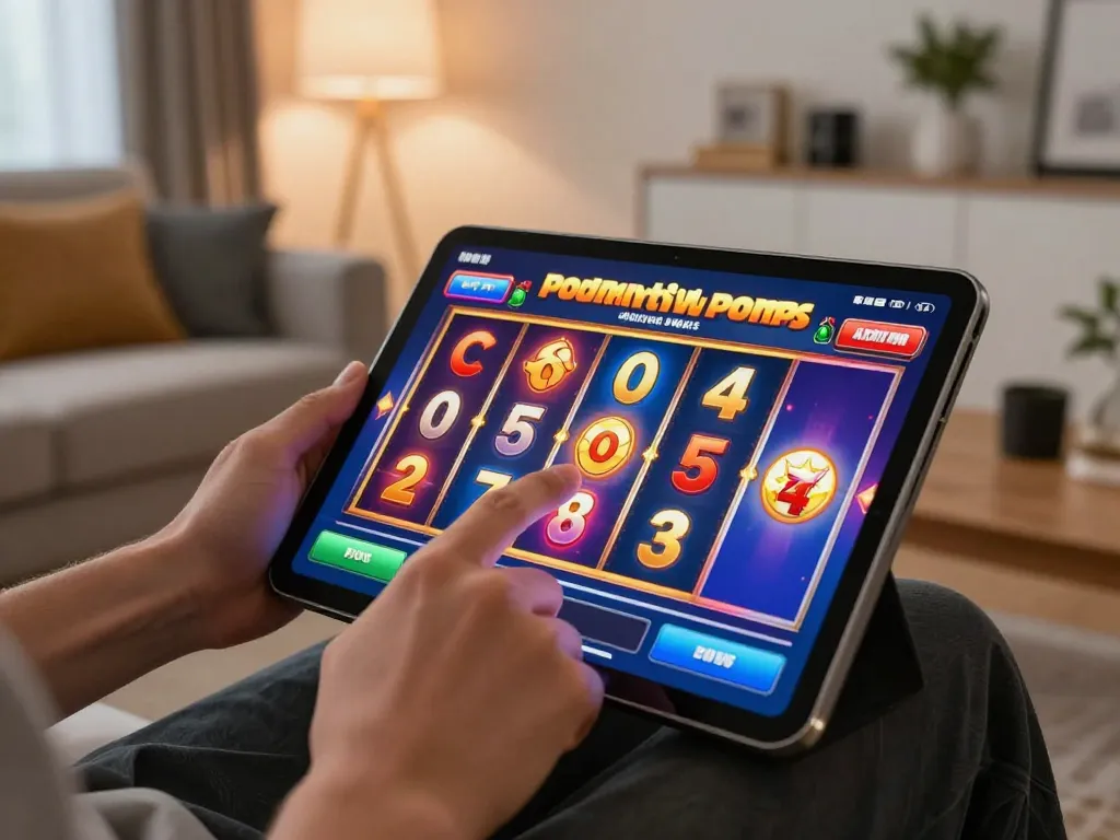 Engaging player at a situs slot app, thrilled by exciting spins and colorful animations.
