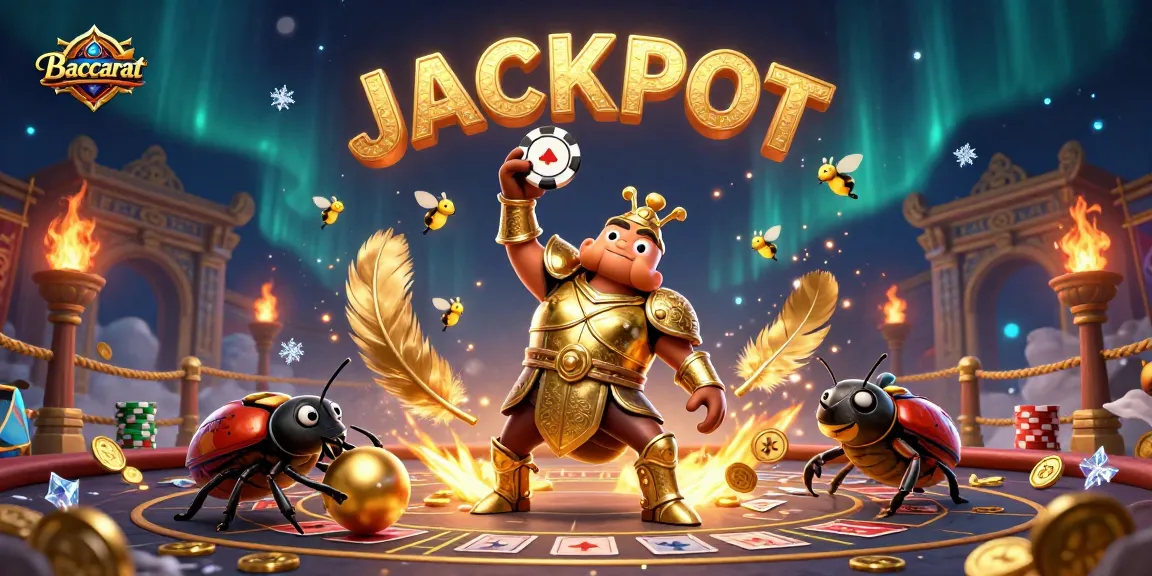 Baccarat scene featuring a victorious beetle in armor and a dung beetle sidekick amidst casino elements and jackpot vibes.