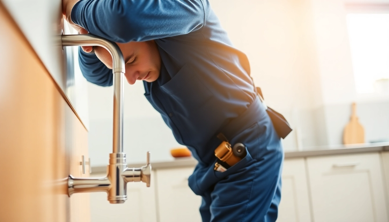 Skilled Bristol plumber fixing a faucet in a bright, modern kitchen.