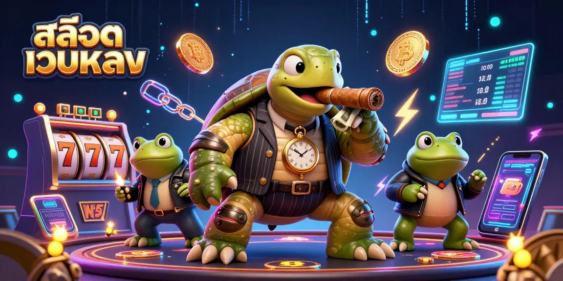 Engage in thrilling experiences with สล็อตเว็บตรง as a turtle in a mobster suit and bullfrogs create a vibrant casino scene.