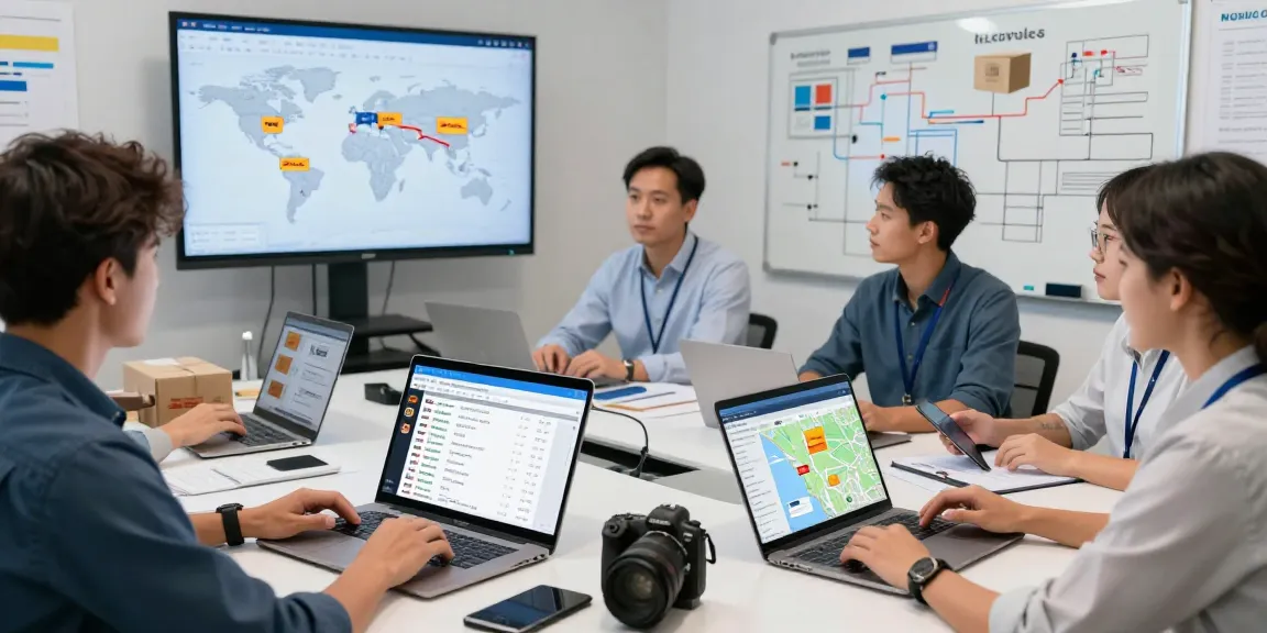 Tracking packages with professional courier tracking in a high-tech logistics workspace featuring diverse team collaboration.