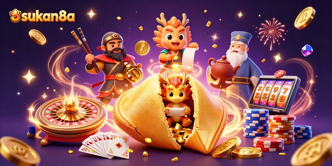 Spin your luck at sukan8a with a giant golden fortune cookie and vibrant casino elements!