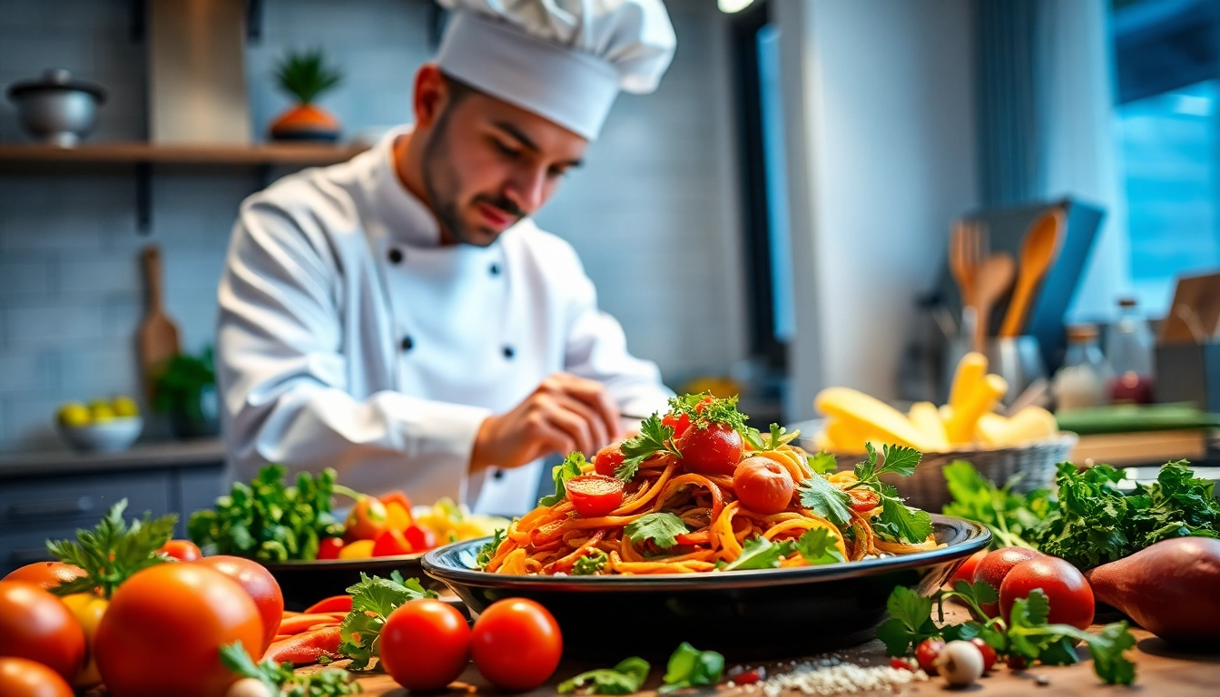 Chef showcasing delicious dish facts in a modern kitchen with vibrant ingredients.