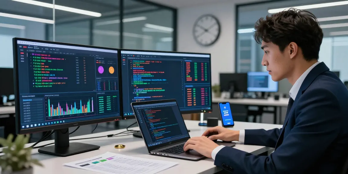 Expert analyzing data to recover stolen cryptocurrency in a high-tech office environment.