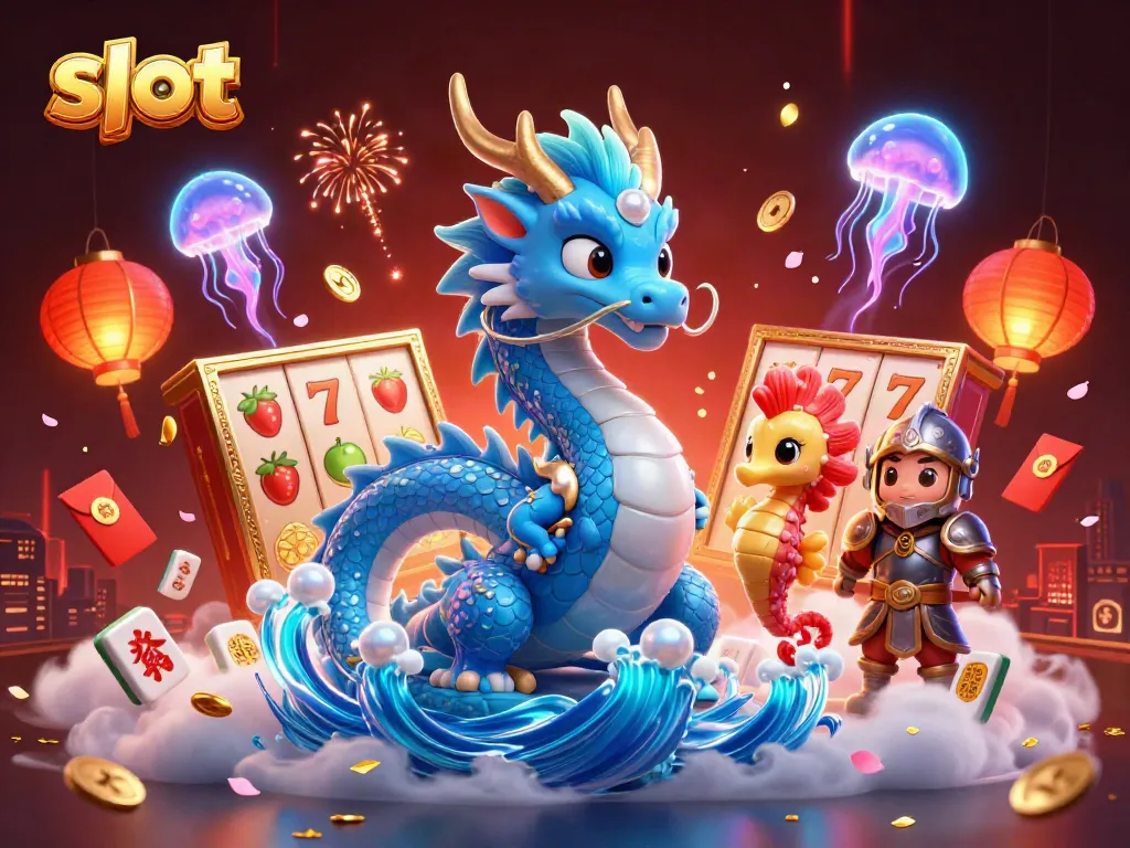 Spin the slot reels with vibrant dragon and corals in a mesmerizing casino scene.