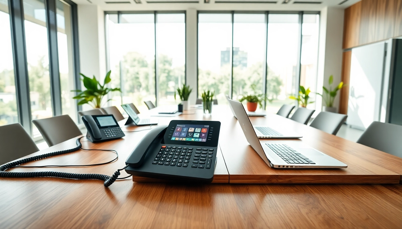 Showcasing business phone providers in a modern office environment with sleek tech setup.