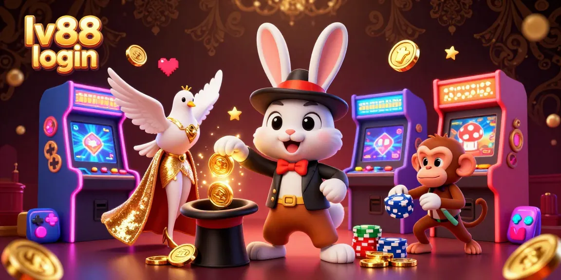 Engage with the lv88 login scene featuring a magician rabbit, glamorous dove, and playful monkey in casino-themed action.