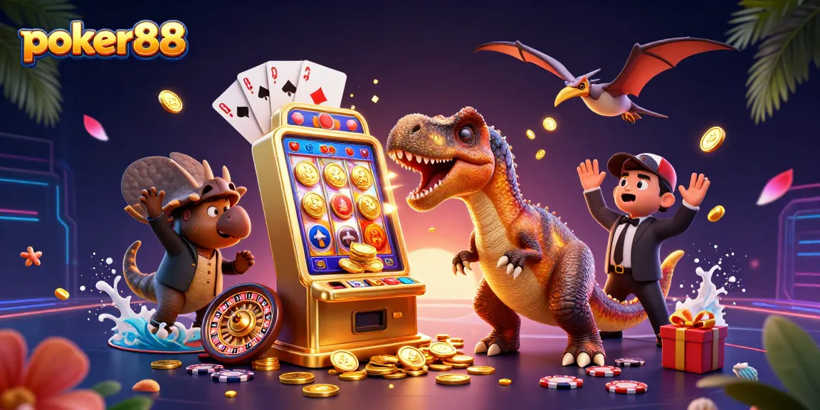 Experience the thrill of poker88 with a pachycephalosaurus and jackpot coins in a dynamic casino scene.