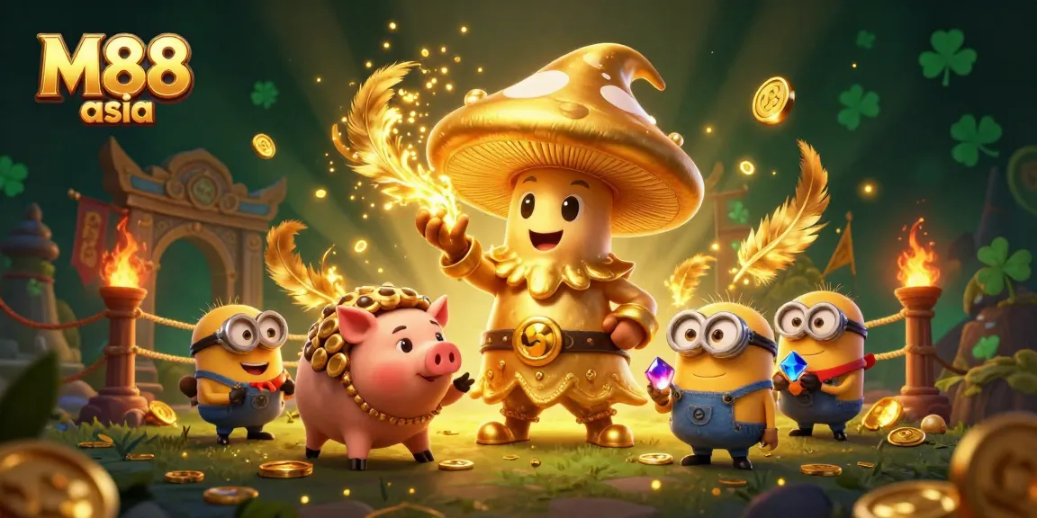 Experience thrilling gameplay at M88 asia with a vibrant scene of gold-spouting characters and rich casino elements.