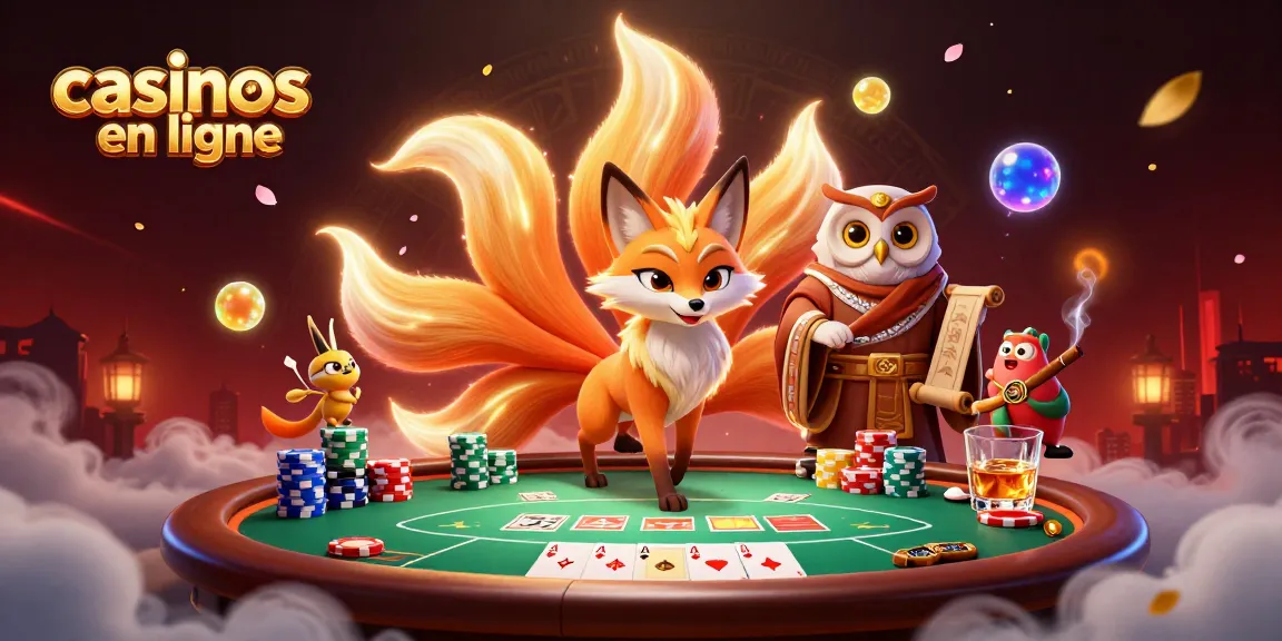 Jouer dans les casinos en ligne avec un esprit à neuf queues et des éléments de poker colorés.