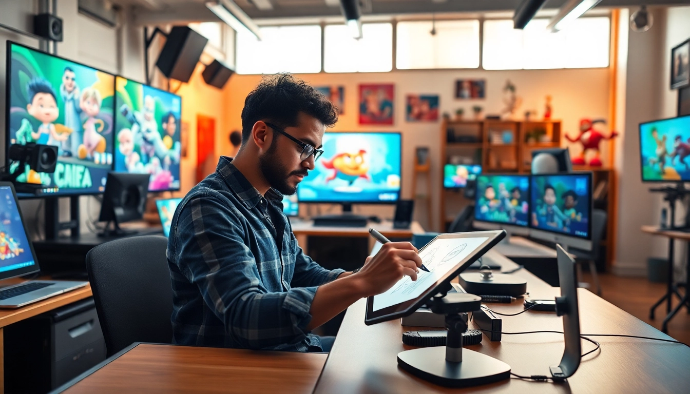 Animationsstudio mit kreativen Künstlern in einem lebhaften Arbeitsumfeld.