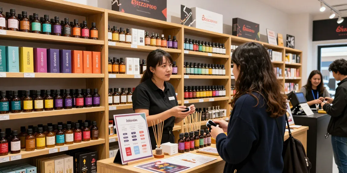 Engaging retailer discussing benefits to buy-bizzaro-liquid-incense-wholesale, showcasing colorful liquid incense bottles.