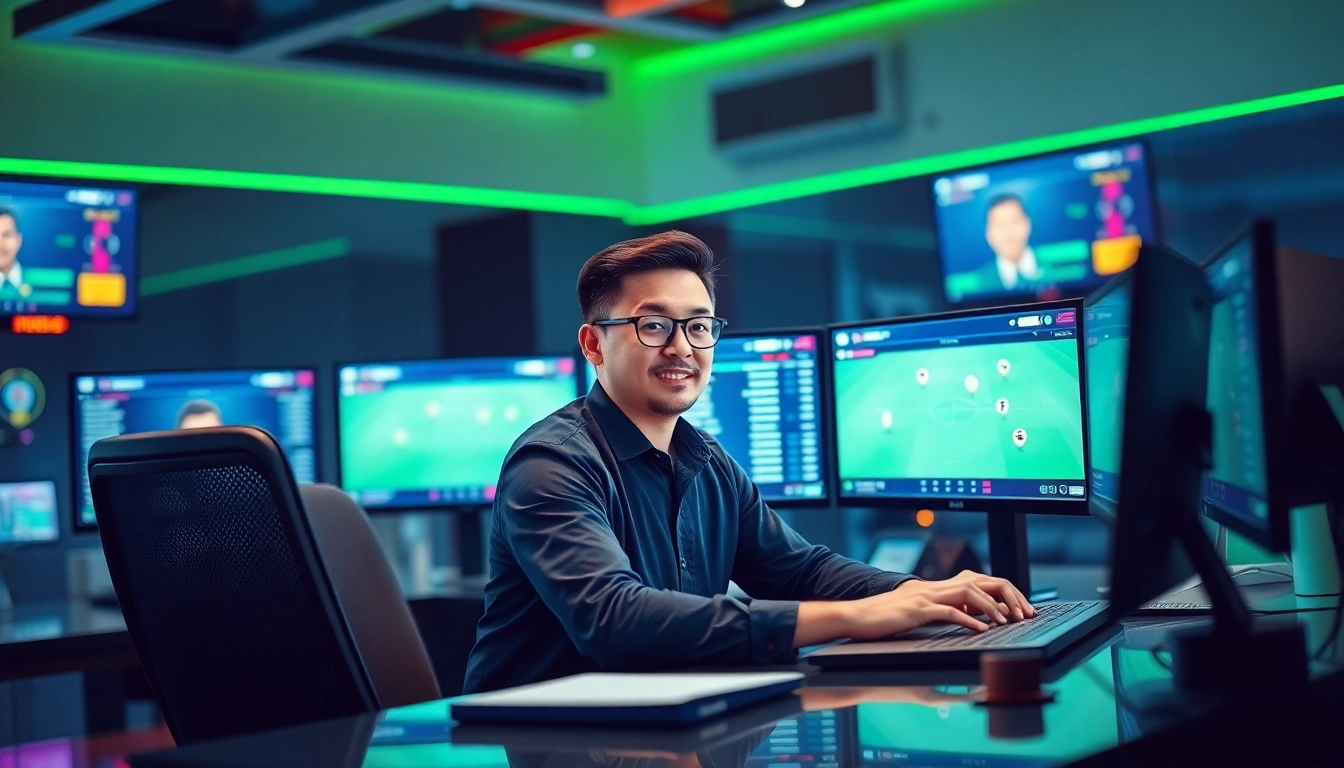 An engaging sports analyst evaluating tỷ lệ kèo at a modern desk with live betting data and graphics.
