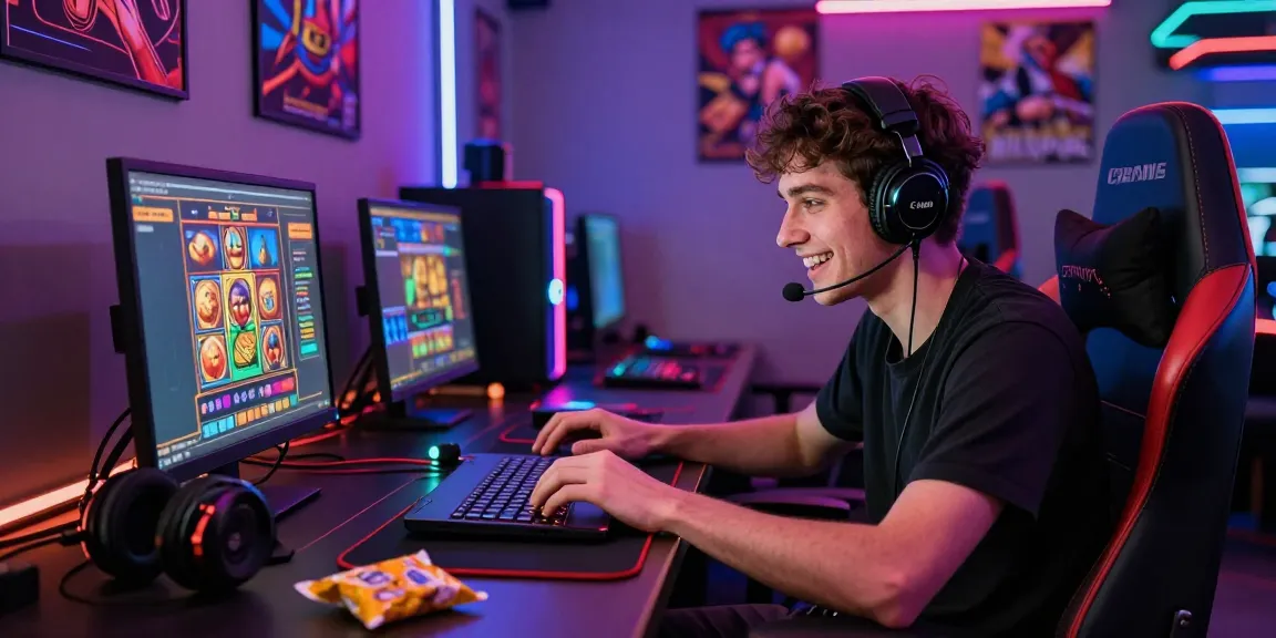 Engaging scene of a player in a vibrant online gaming setup focused on a slot deposit 5000 game, surrounded by colorful accessories and snacks.