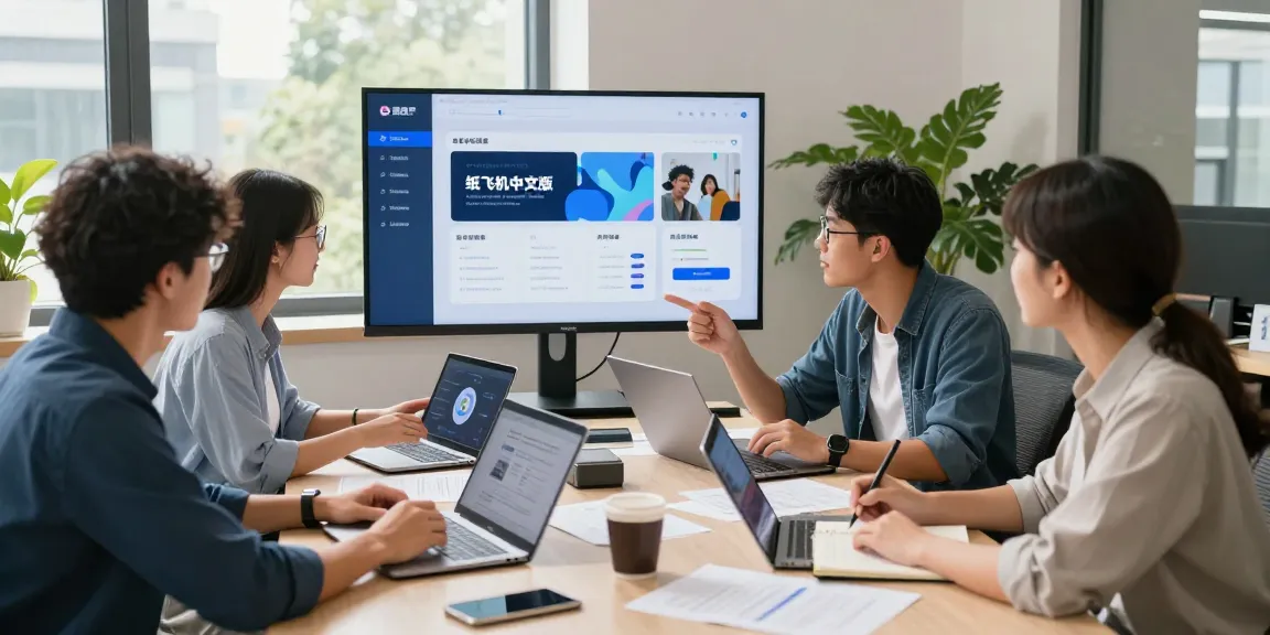 Collaborating team discussing 纸飞机中文版 app features in a modern workspace.