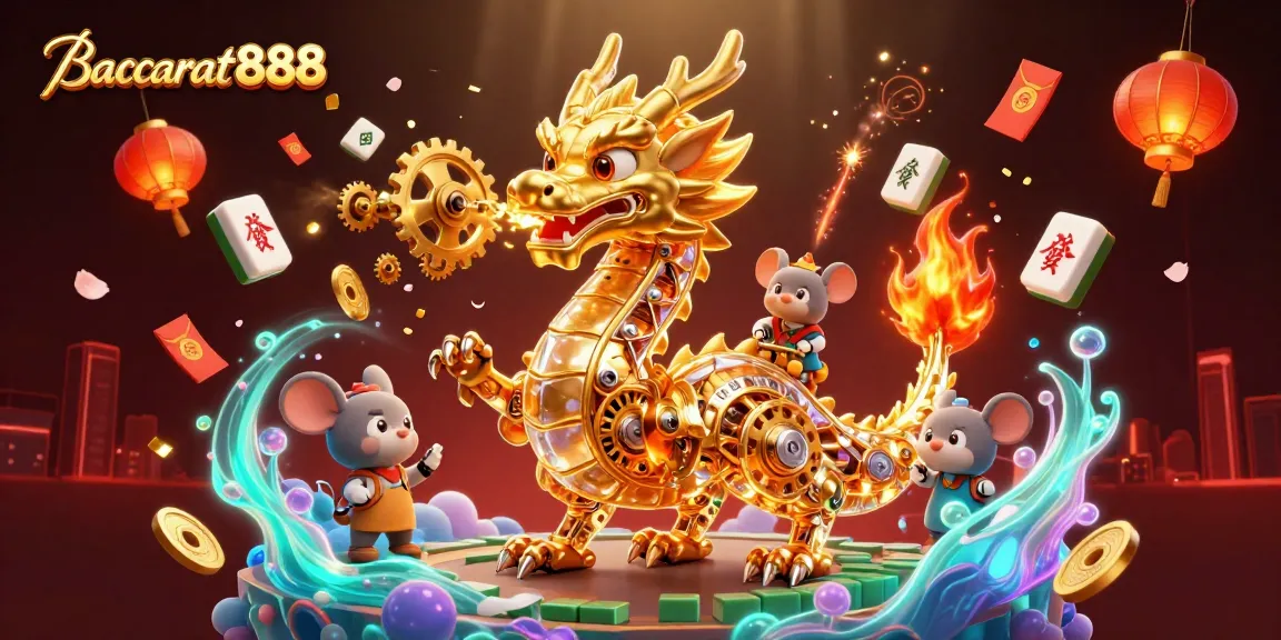 Baccarat888 offers an enchanting gameplay experience showcasing a golden dragon and festive elements amidst a vibrant casino atmosphere.