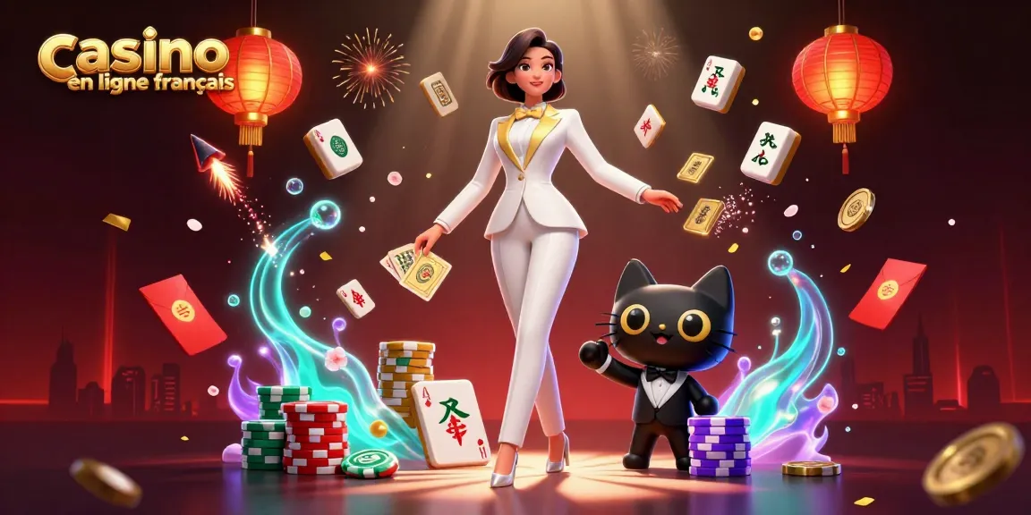 Participez à des jeux palpitants au casino en ligne français avec une femme glamour et un chat espiègle.