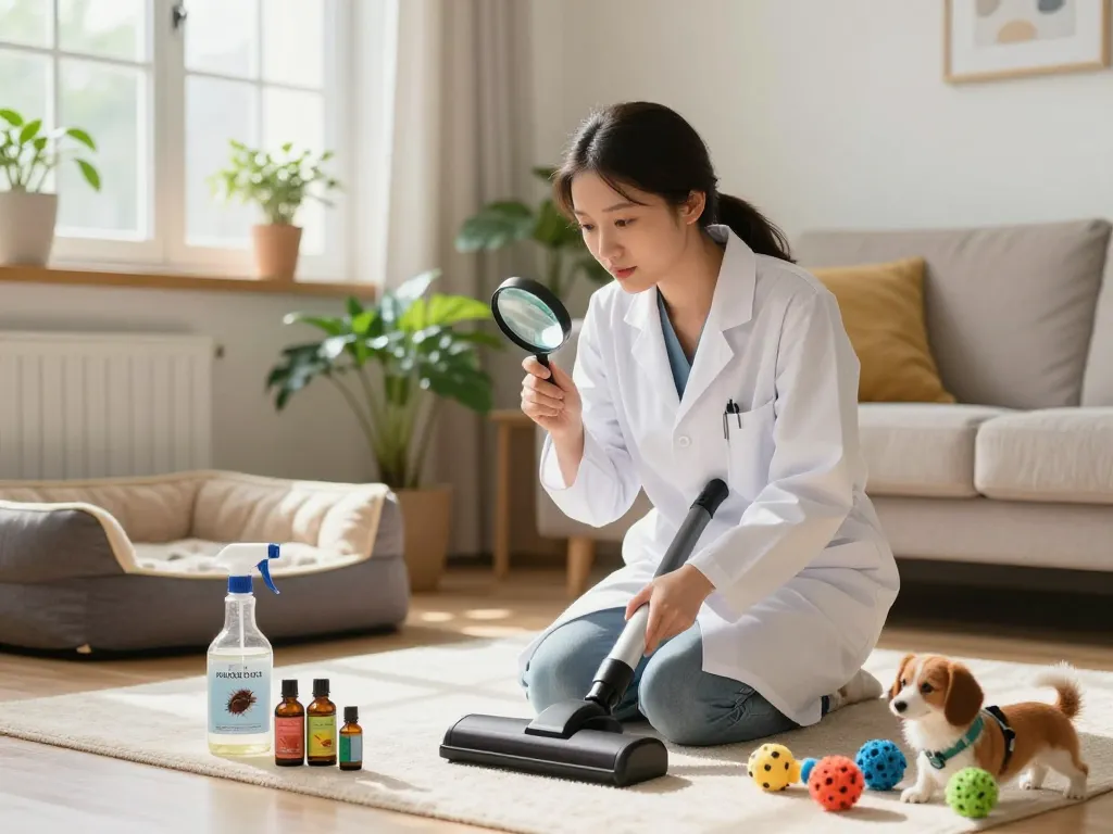 Pest control tips for pet owners illustrated in a cozy living room setting with a pest care expert inspecting for infestations.