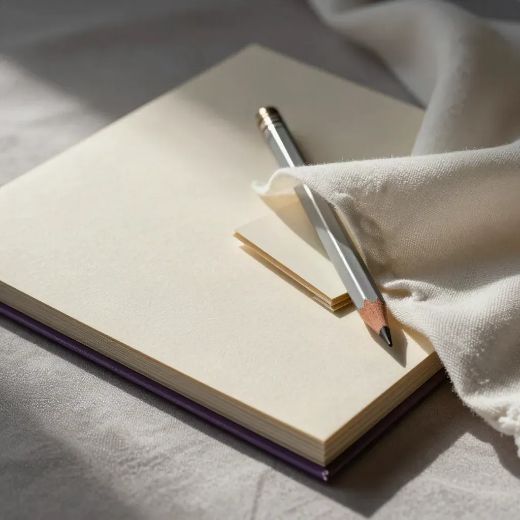 Ivory fabric with a briefing folio, pencil stub and folded cue cards in raking light.