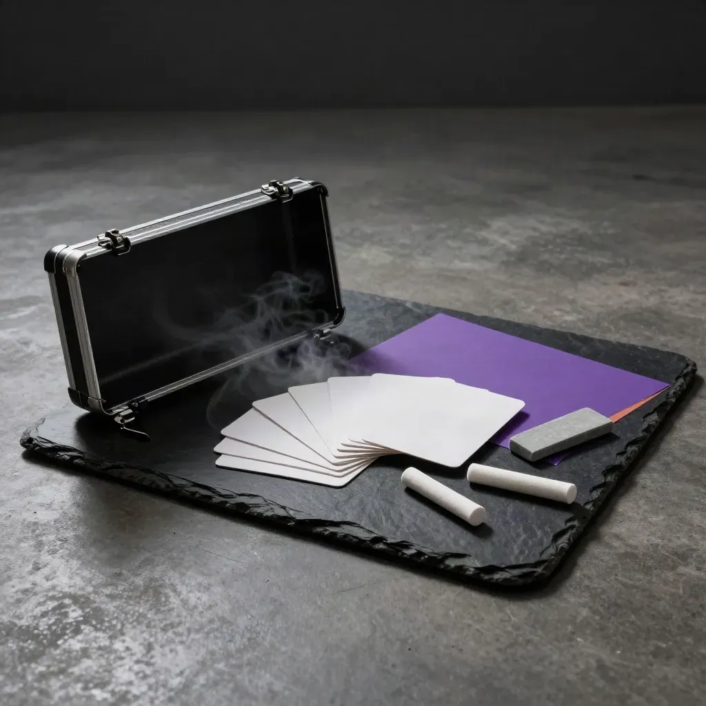 Open sprint kit case with blank idea cards, chalk sticks and stone tile in dramatic studio light.