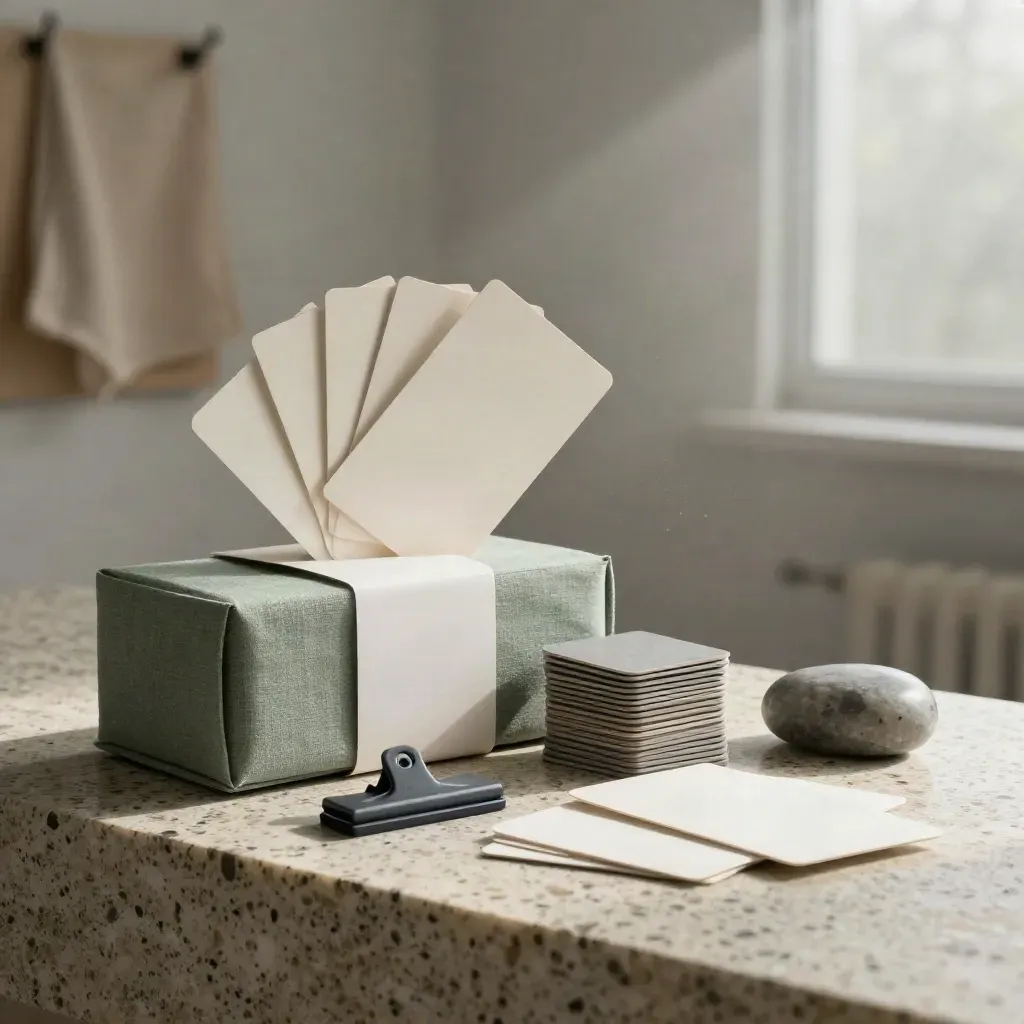 Linen sprint-kit box, blank cards, score chips and stone paperweight in dawn mist on travertine.