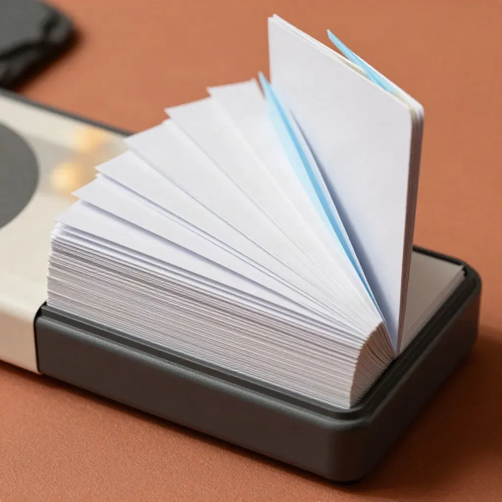 Macro of a rigid card deck case with a fanned stack on terracotta clay.