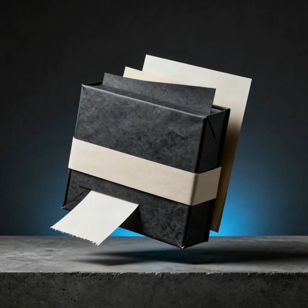 Floating matte archive box with blank slips on a concrete plinth, lit by a cool blue rim glow