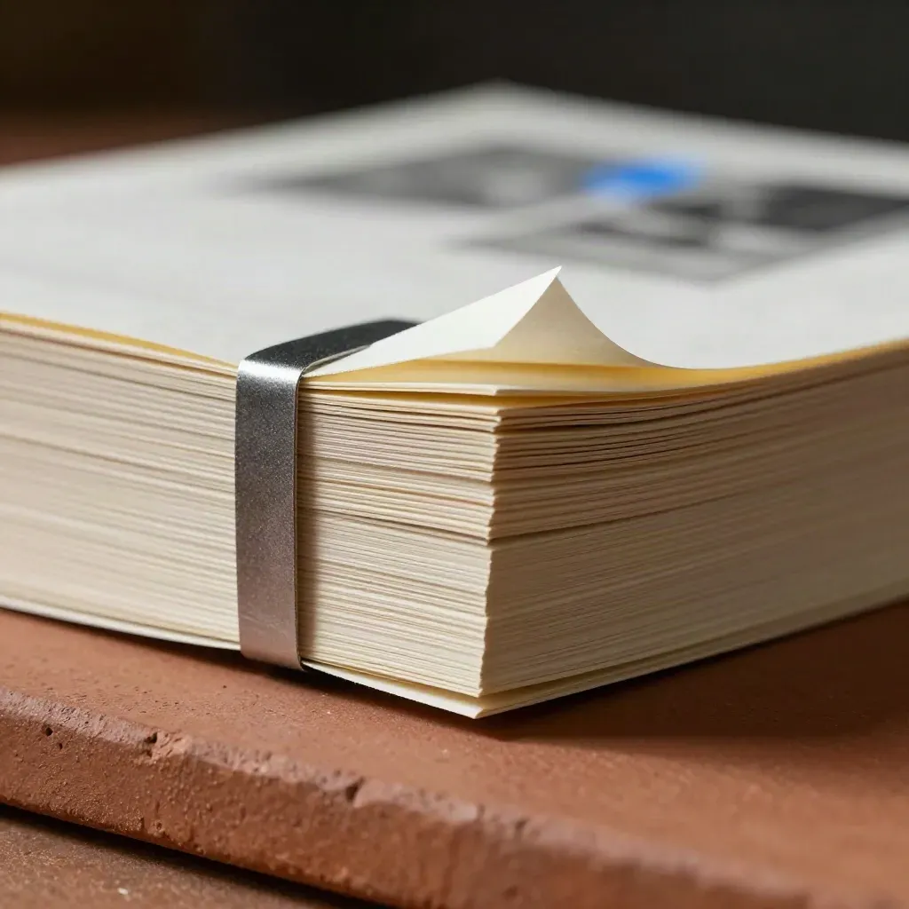 Cream card stock bundle with folded edge, paper band, and graphite clip in macro light