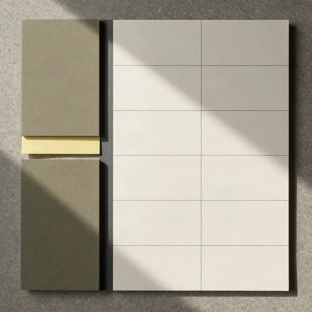 Overhead flatlay of blank matrix cards, a folder, and alignment blocks on stone.