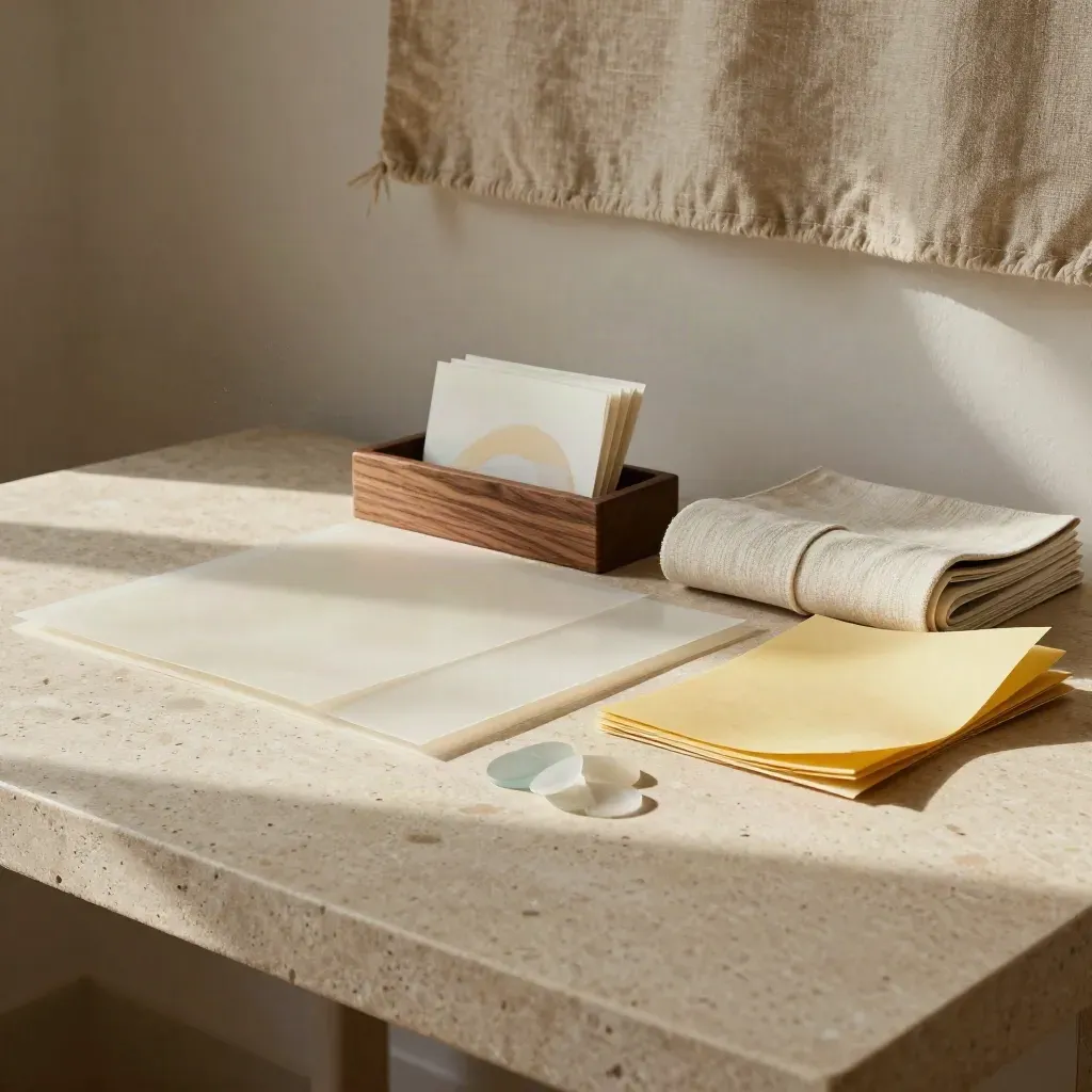 Sunlit travertine with naming workshop materials, warm plaster wall, and linen runner.
