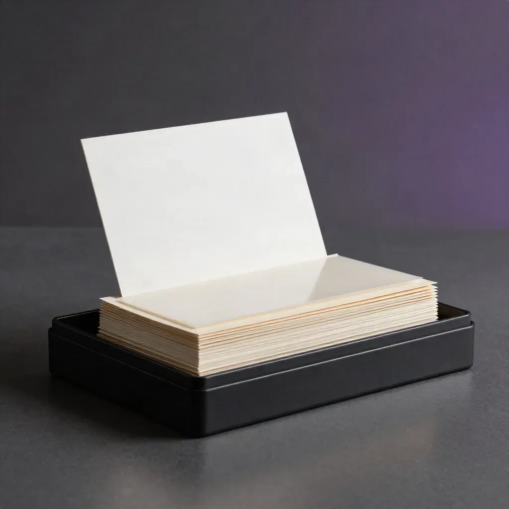 Opened naming kit with a bright blank card, translucent dividers, and violet-tinted haze.