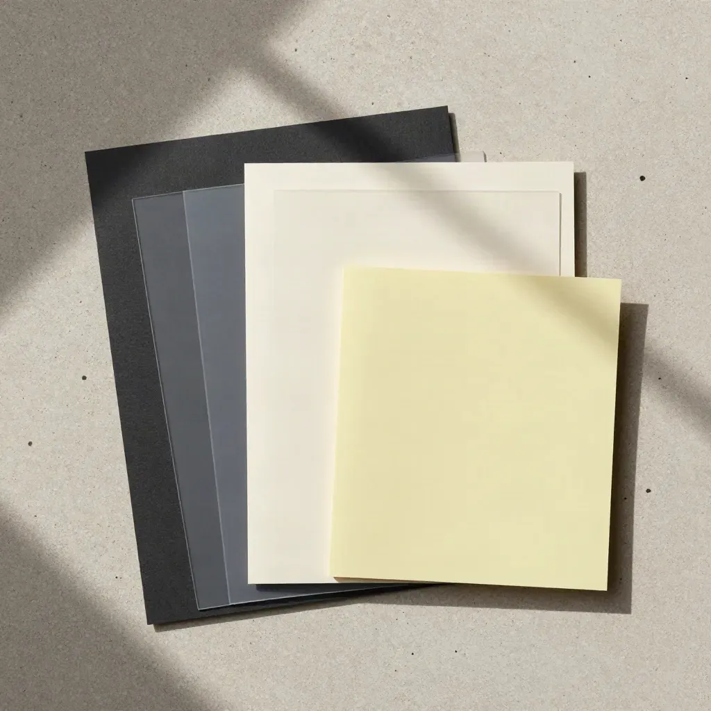 Overhead flatlay of blank facilitator sheets, dividers and a pale yellow paperweight on stone.
